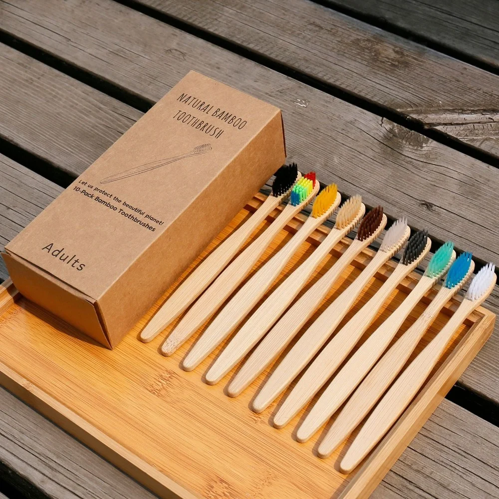 Bamboo Toothbrush Set - 10PCS Colorful Natural Bamboo Toothbrush Set